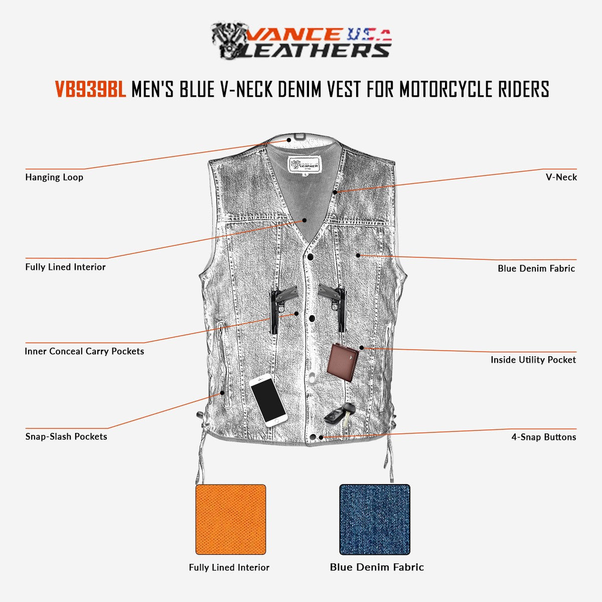 Vance-VB939BL-Mens-Blue-V-Neck-Denim-Vest-for-Motorcycle-Riders-infographic