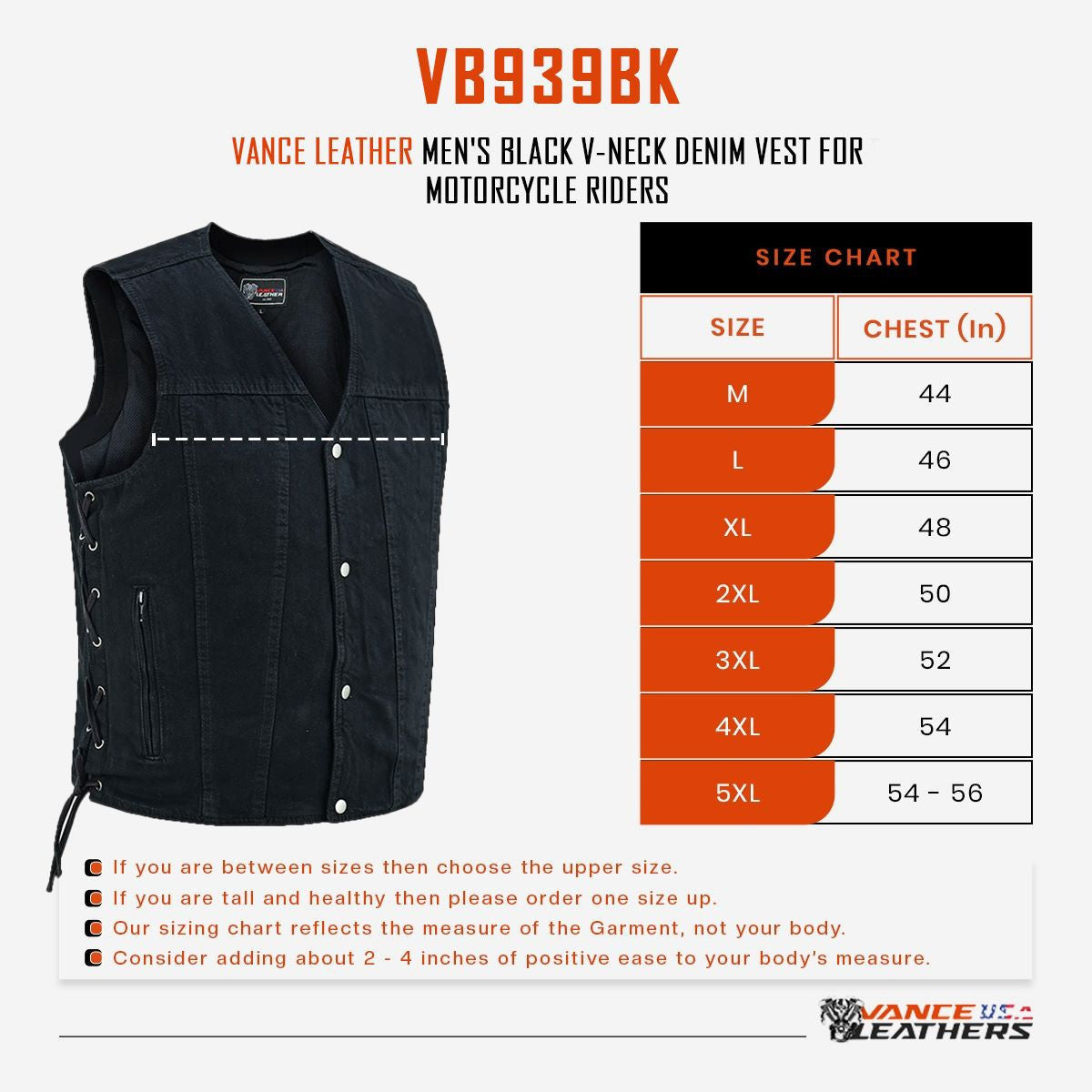 Vance-VB939BK-Mens-Black-V-Neck Denim-Vest-Motorcycle-Riders-size-chart