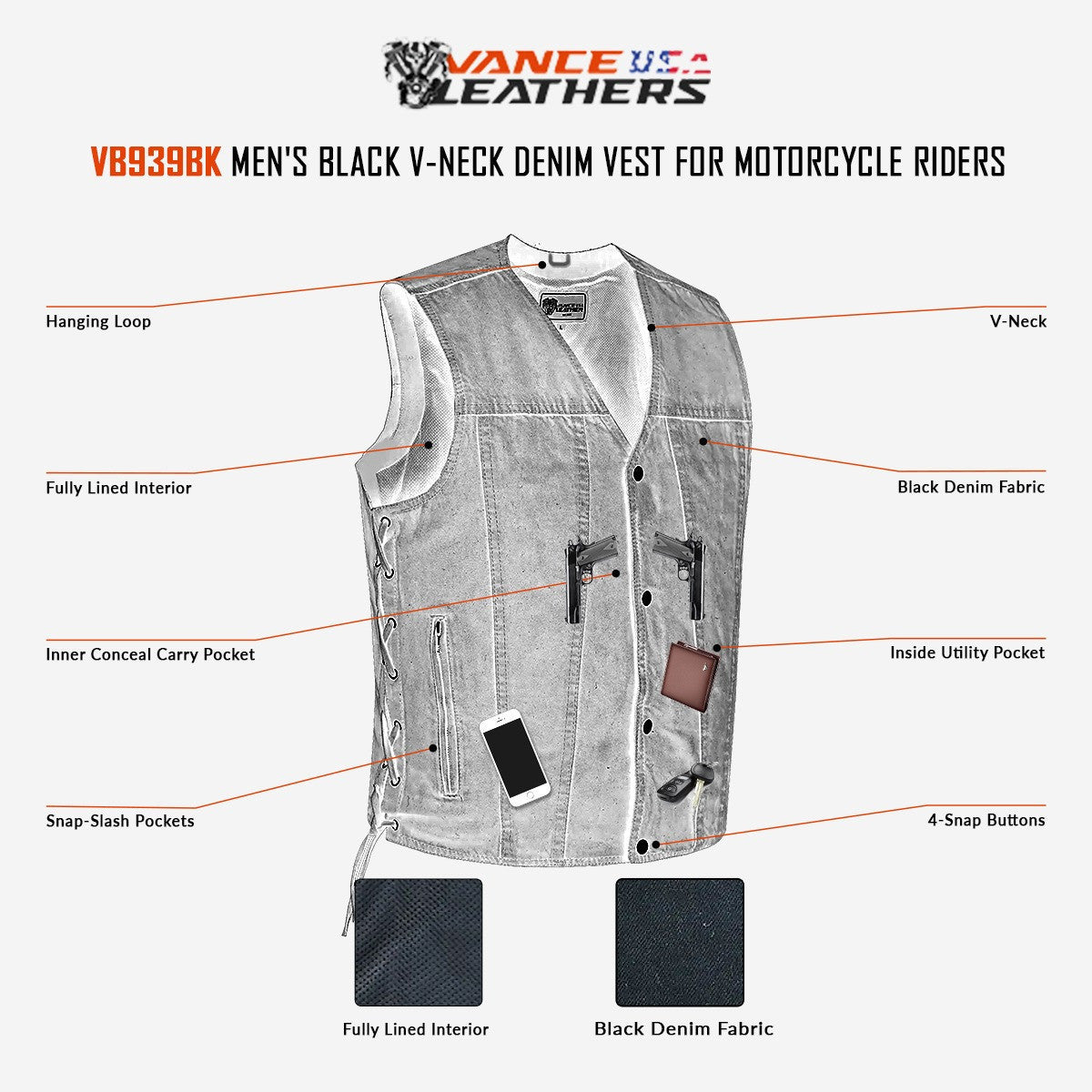 Vance-VB939BK-Mens-Black-V-Neck Denim-Vest-Motorcycle-Riders-infographic