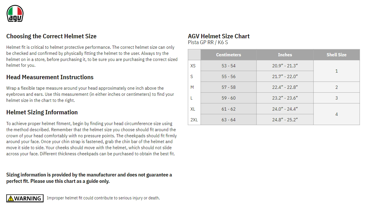 AGV K6 S Solid Full Face Motorcycle Helmet - sizechart