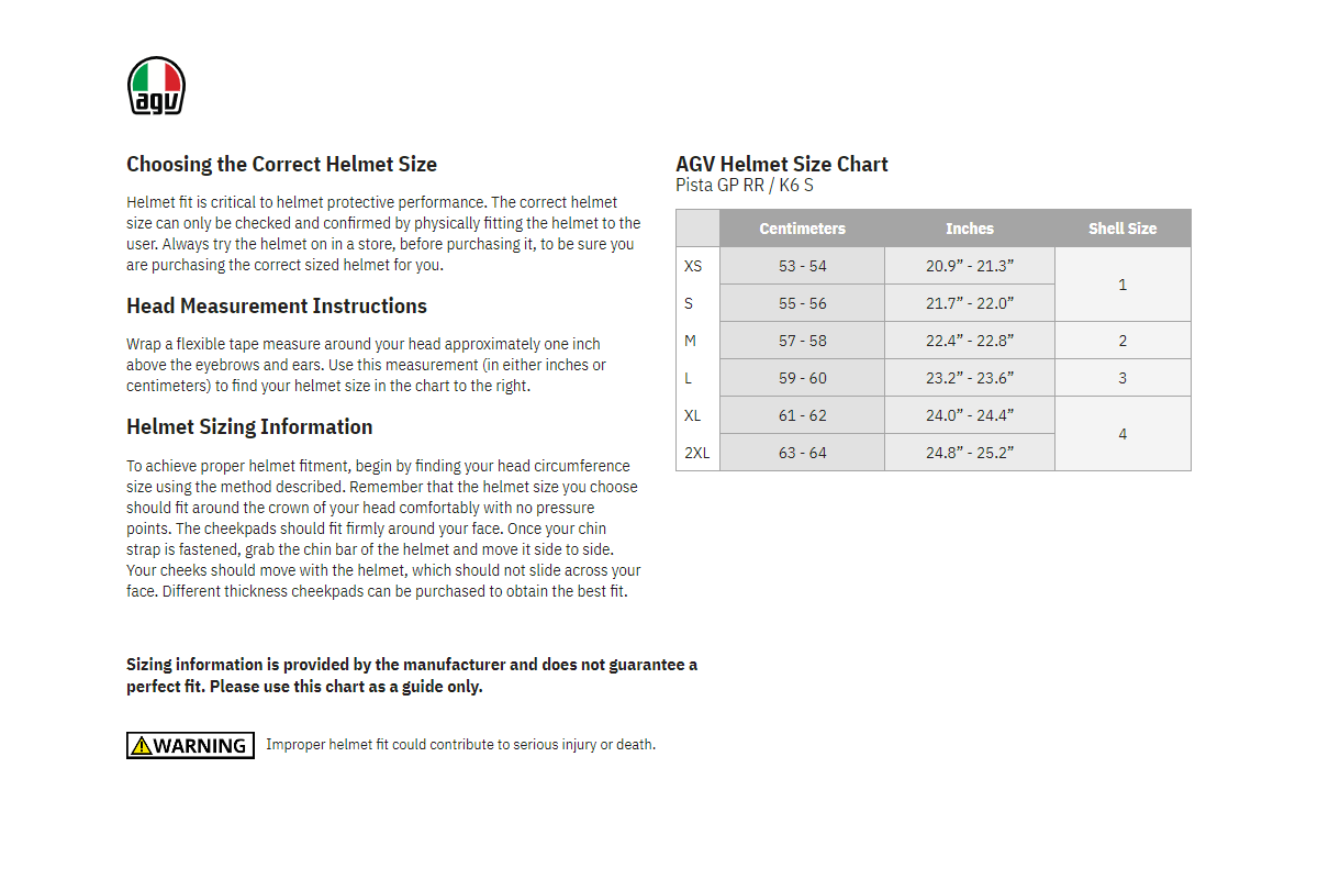 AGV K6 S Slashcut Full Face Motorcycle Helmet - sizechart