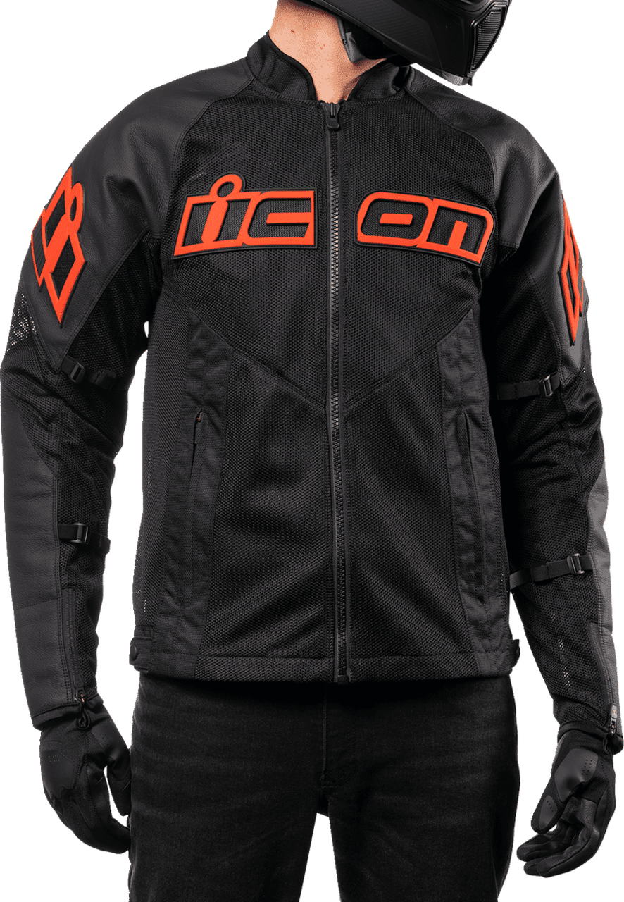 Icon-Mens-Mesh-AF-Leather-Motorcycle-Jacket-Black-Red-front-fit-detail-view