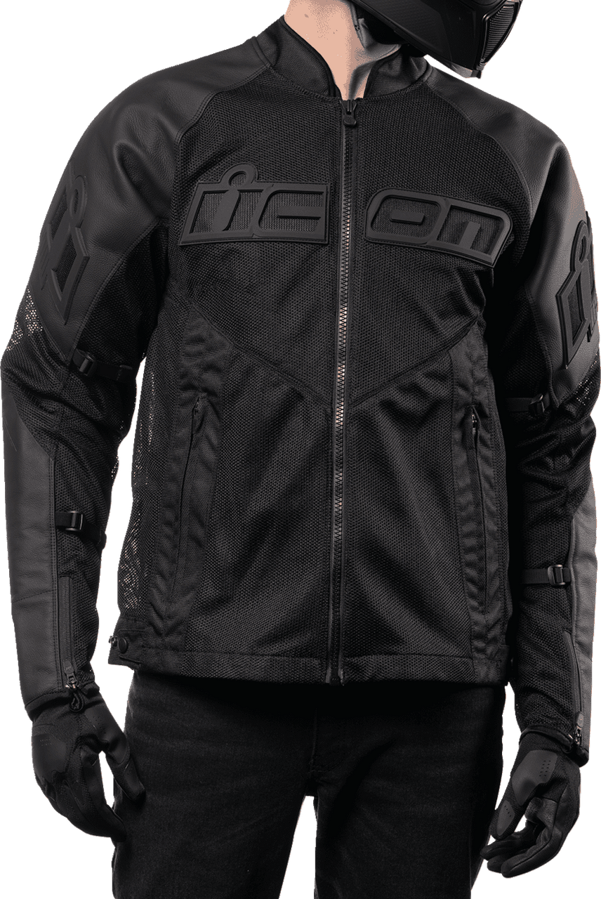 Icon-Mens-Mesh-AF-Leather-Motorcycle-Jacket-Black-front-fit-detail-view