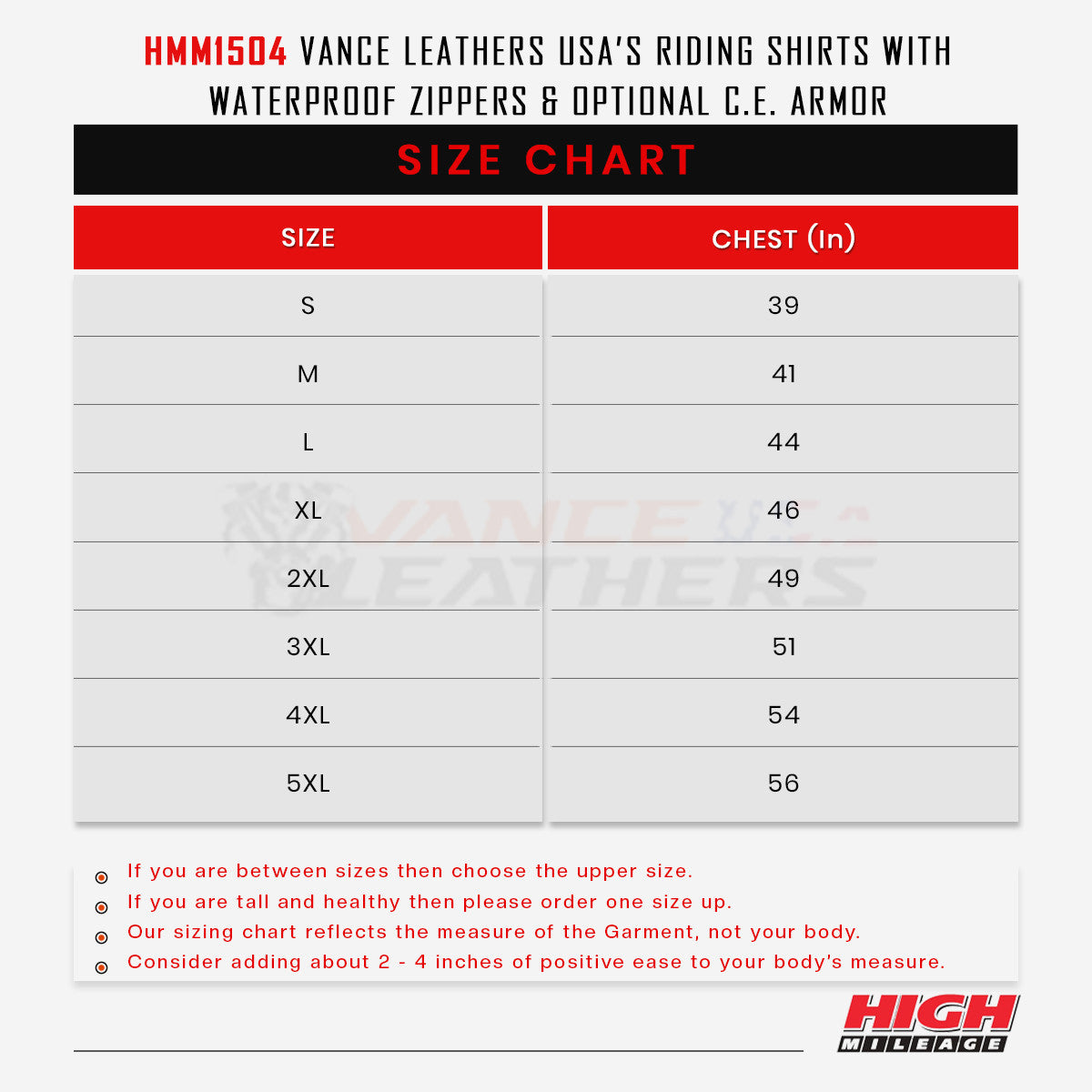 Vance Leathers USA's Riding Shirts W/Waterproof Zippers & C.E. Armor -  Sizechart