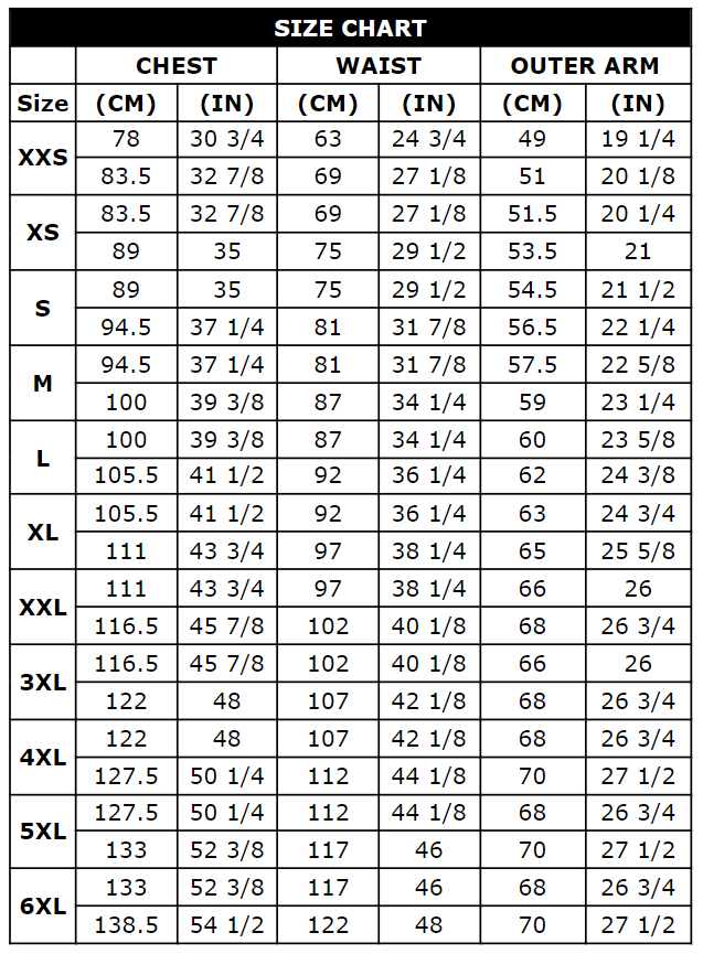 Alpinestars AST Air V2 Jacket - Size chart