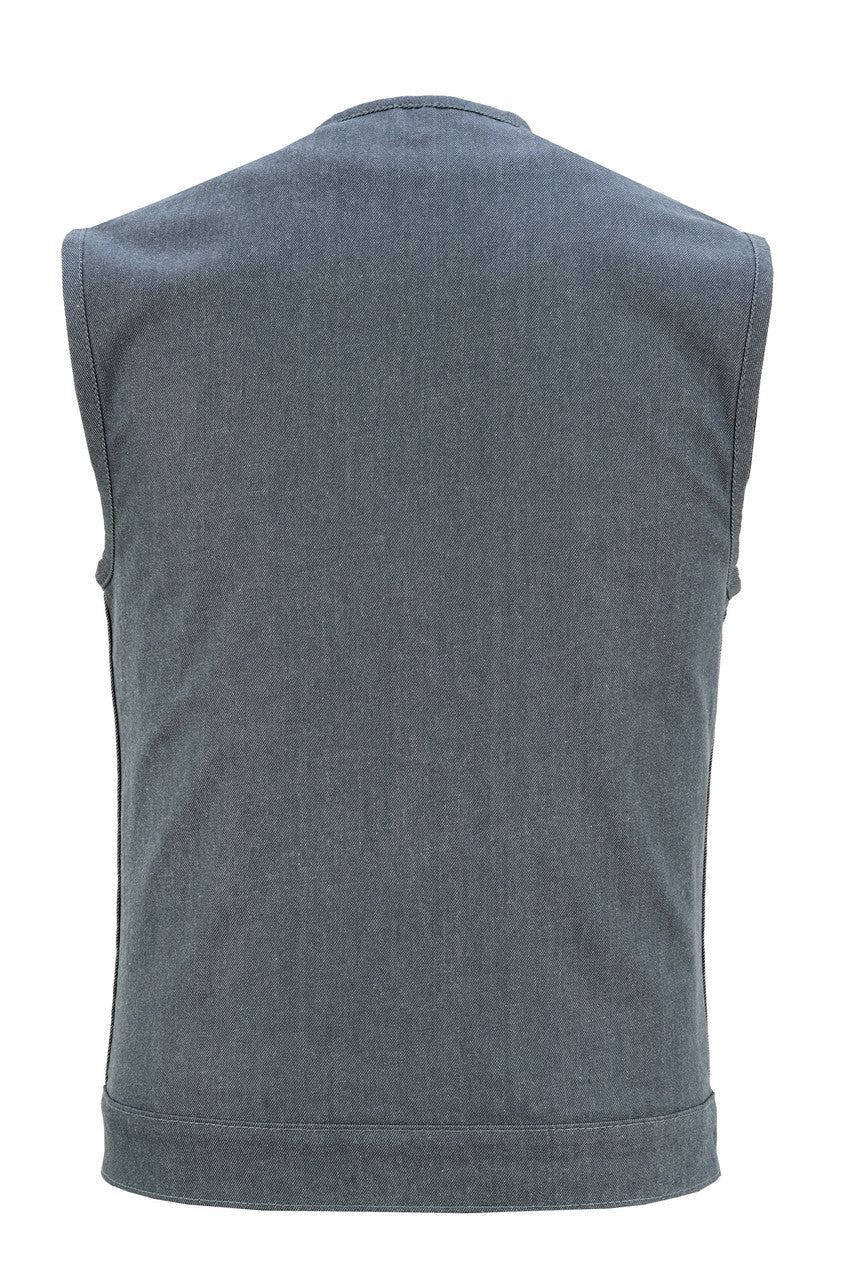 mens-grey-denim-collarless-club-vest-with-conceal-carry-pockets-back-view