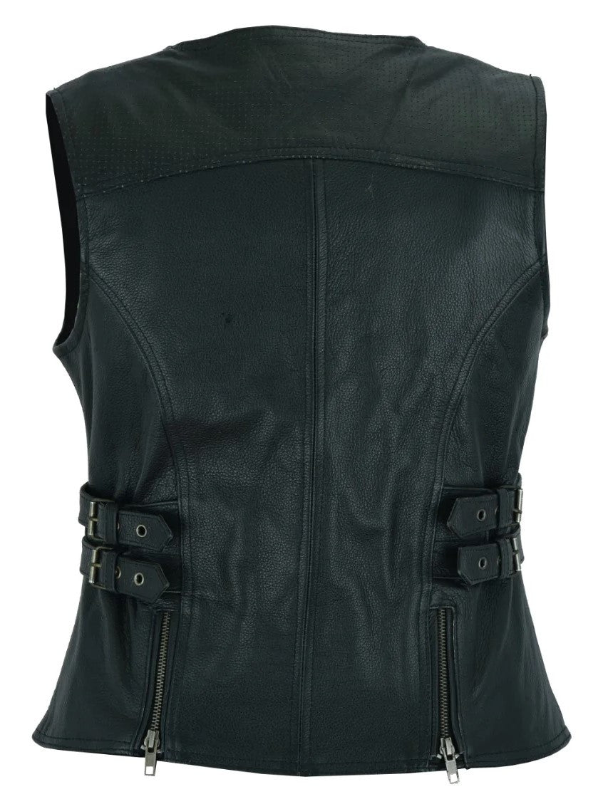 High-Mileage-Womens-Black-Premium-Cowhide-Biker-Motorcycle-Leather-Vest-Buckles-back-view