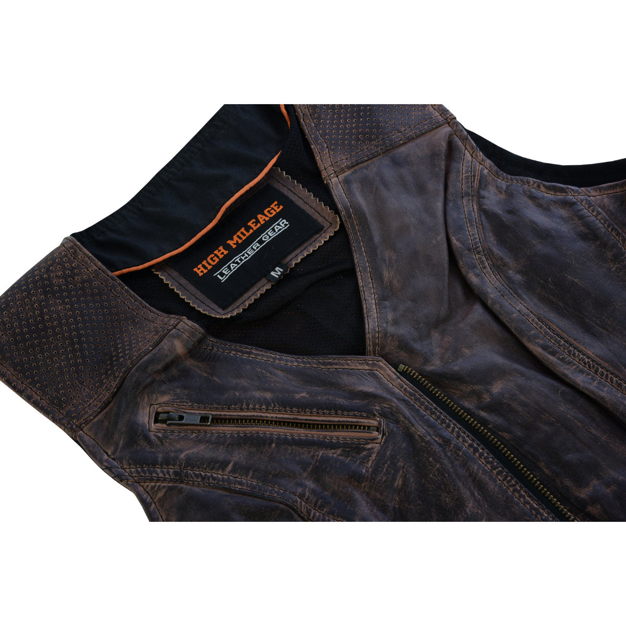 High Mileage HML1037VB Womens Vintage Brown Premium Cowhide Biker Motorcycle Leather Vest With Buckles - detail