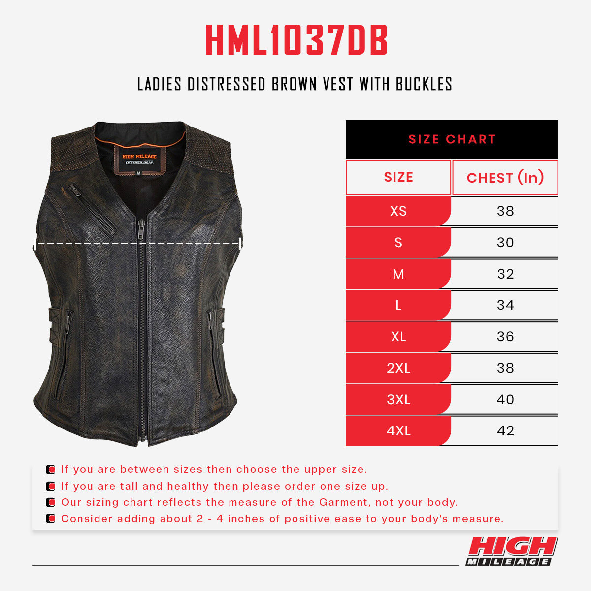 High Mileage HML1037DB Womens Distressed Brown Premium Cowhide Biker Motorcycle Leather Vest With Buckles - sizechart