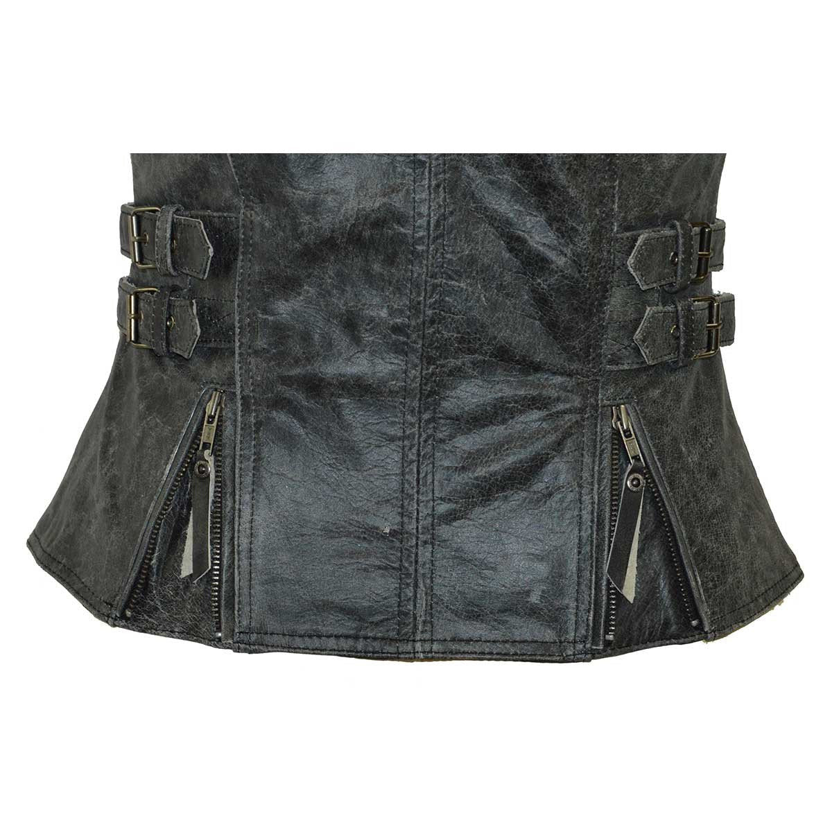 High Mileage HML1037DG Womens Distressed Gray Premium Cowhide Biker Motorcycle Leather Vest With Buckles - Detail View