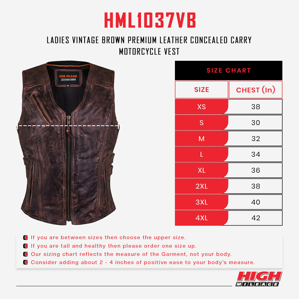 High Mileage HML1037VB Womens Vintage Brown Premium Cowhide Biker Motorcycle Leather Vest With Buckles - sizechart