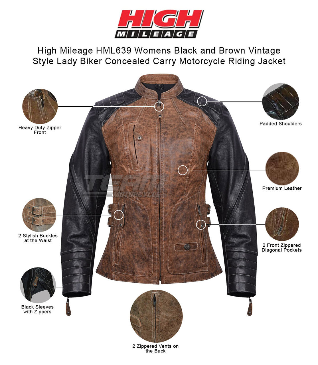 High Mileage HML639 Womens Black and Brown Vintage Style Lady Biker Concealed Carry Motorcycle Riding Jacket - infographics