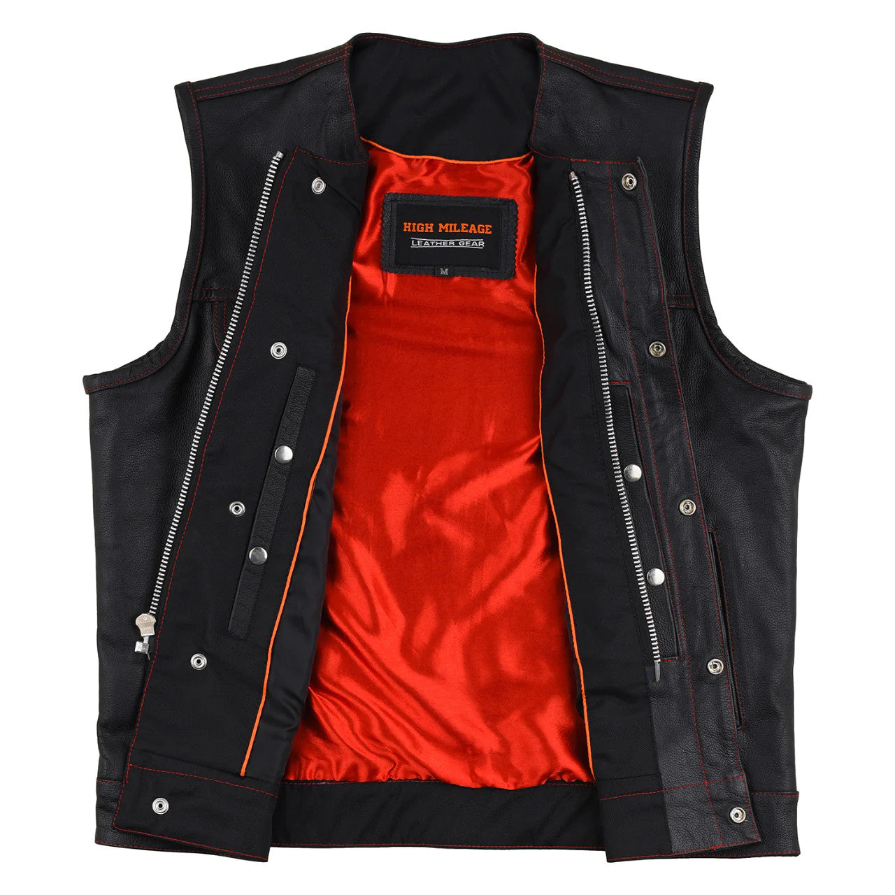 HMM919R Mens Black Premium Cowhide Leather SOA Style Club Vest With Quick Access Conceal Carry Pocket and Red Liner - FrontOpenView