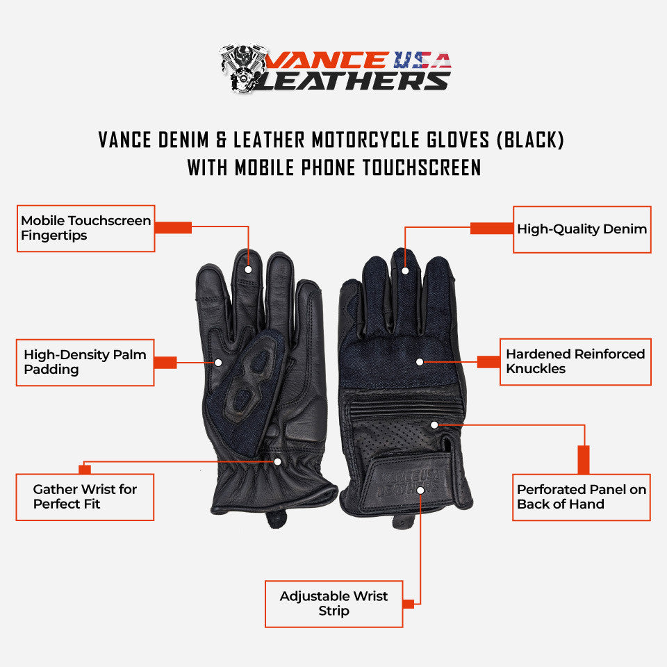 Vance VL480B Denim & Leather Motorcycle Gloves (Black) with Mobile Phone Touchscreen - Info Graphics