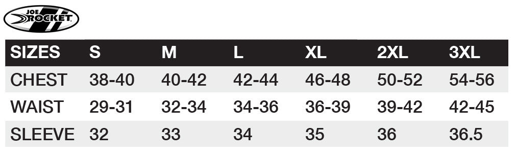 Joe Rocket Turbulent Jacket - size chart
