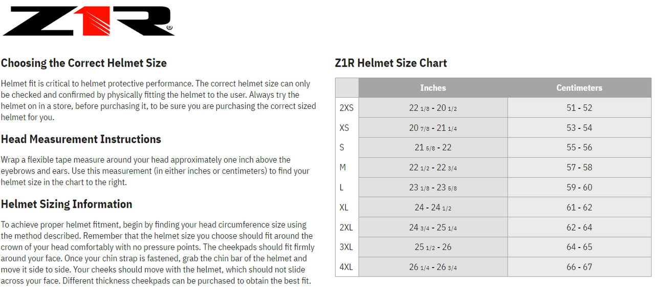 Z1R Warrant Sombrero Helmet - size chart