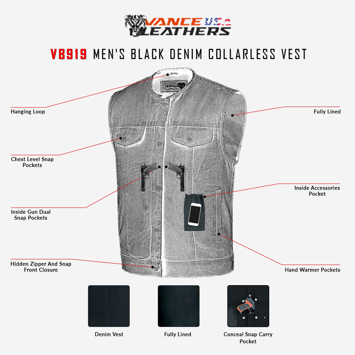 VB919 Men's Black Denim Collarless Vest infographic