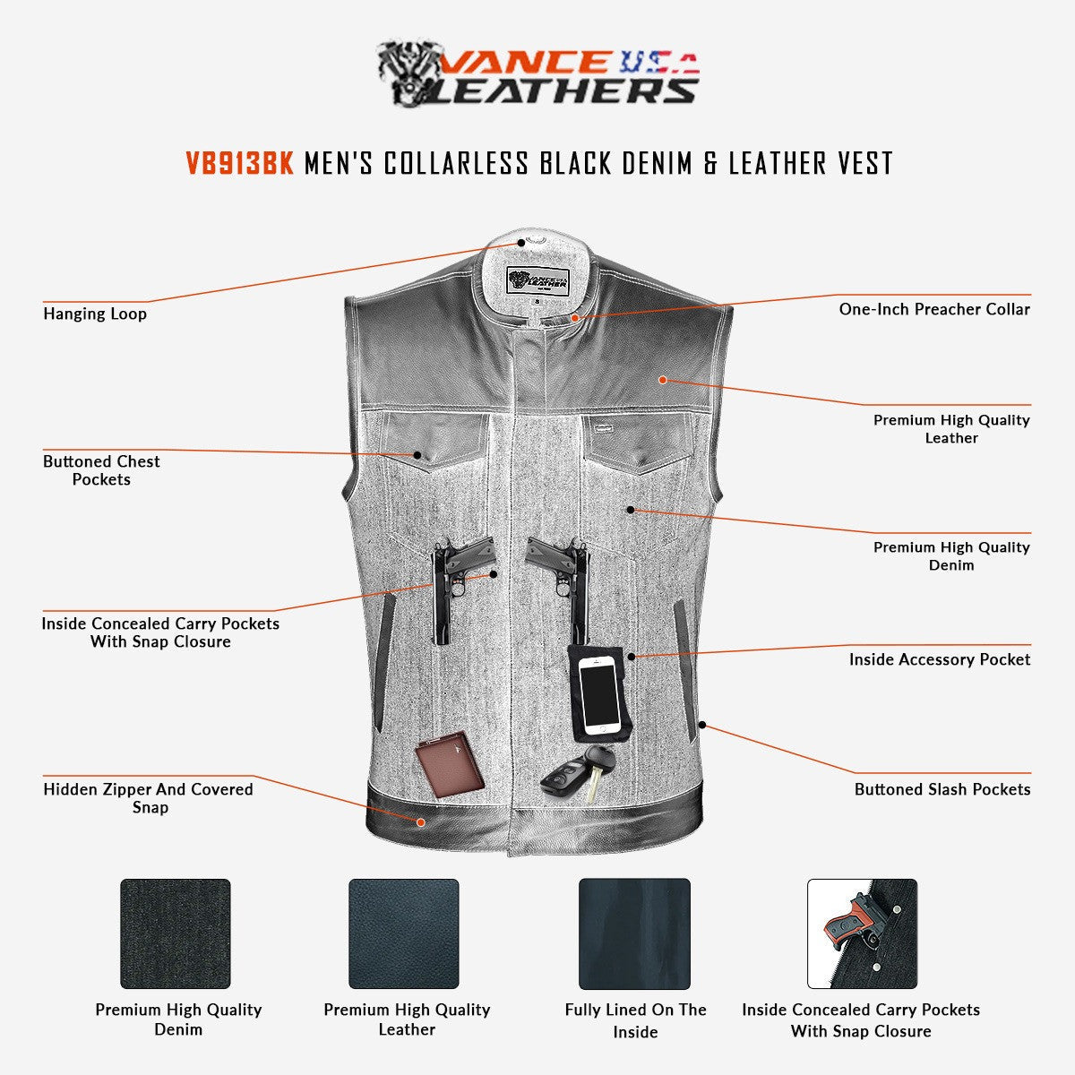 Mens-Collarless-Black-Denim-Leather-Vest-infographic