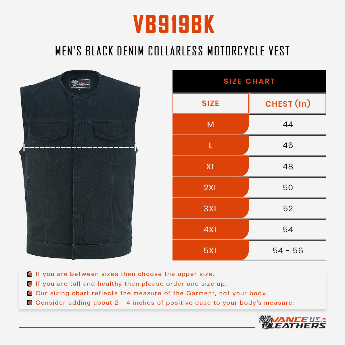 VB919 Men's Black Denim Collarless Vest Sizechart