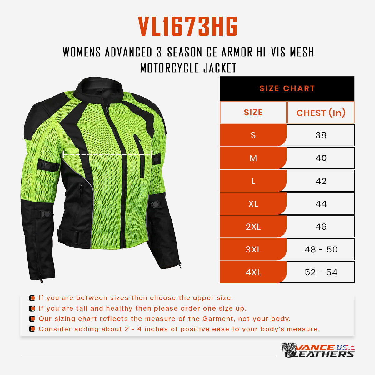 Advance Vance VL1673HG Womens High Visibility Neon All Weather Season CE Armor Mesh Motorcycle Riding Jacket - size chart