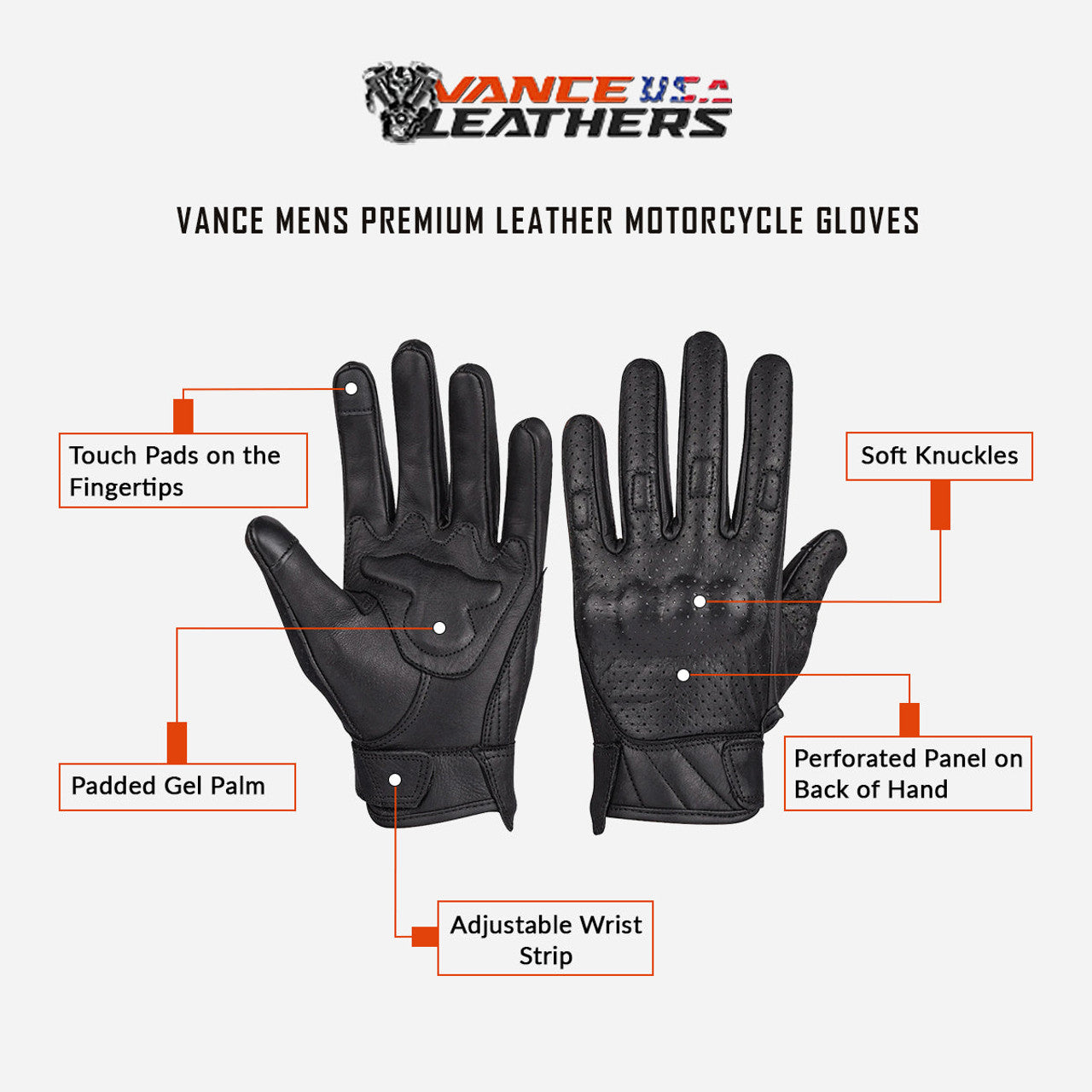 Vance Mens Premium Leather Perforated Cruiser Gloves with Knuckle Protection - Touchscreen Motorcycle Gloves - Info