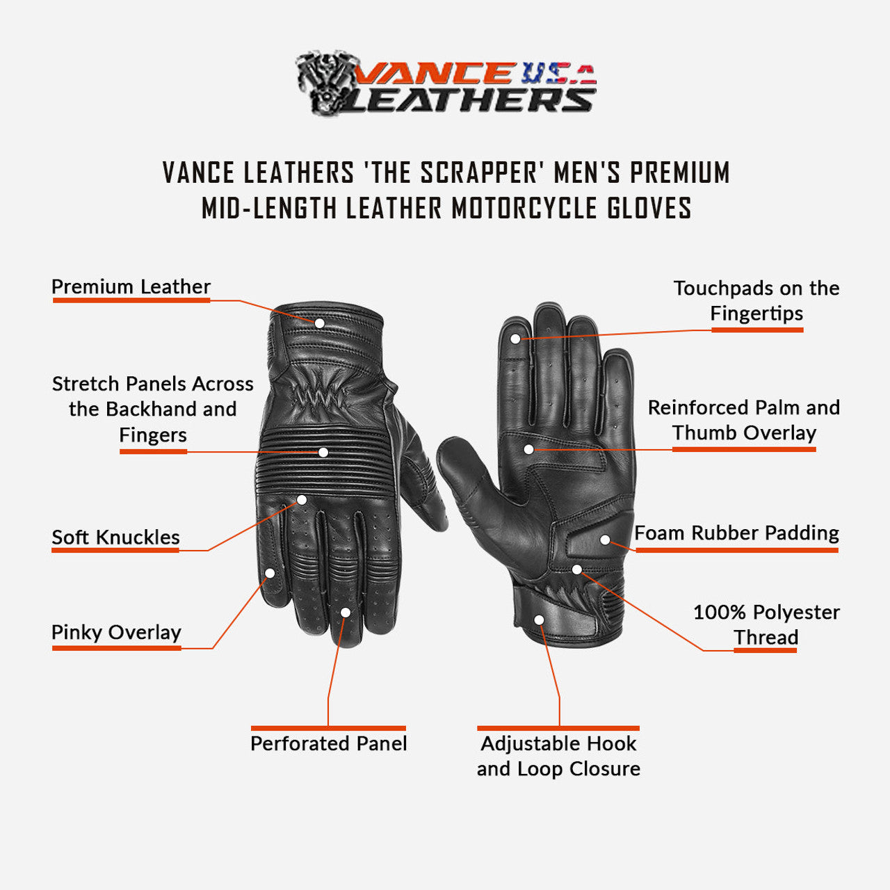 Vance Leathers 'The Scrapper' Men's Premium Mid-Length Leather Motorcycle Gloves - Info