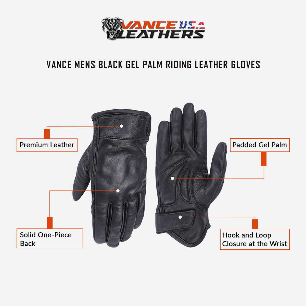 Vance VL475 Mens Black Gel Palm Riding Leather Gloves-info