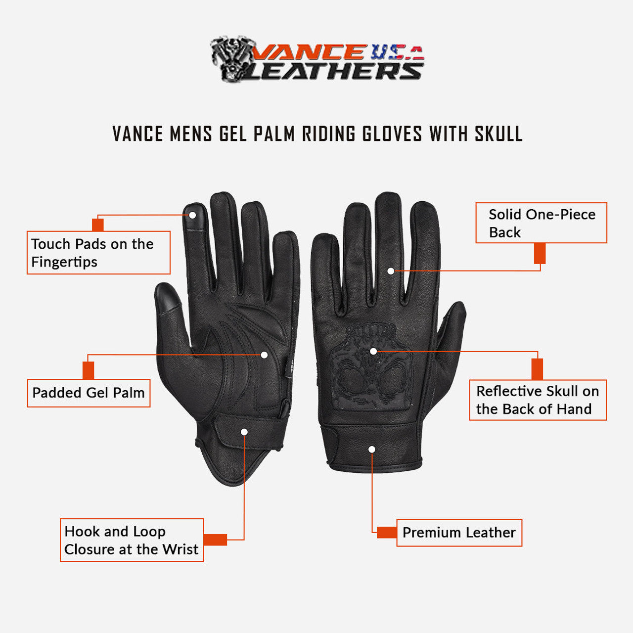 Vance Mens Gel Palm Riding Gloves With Skull -info