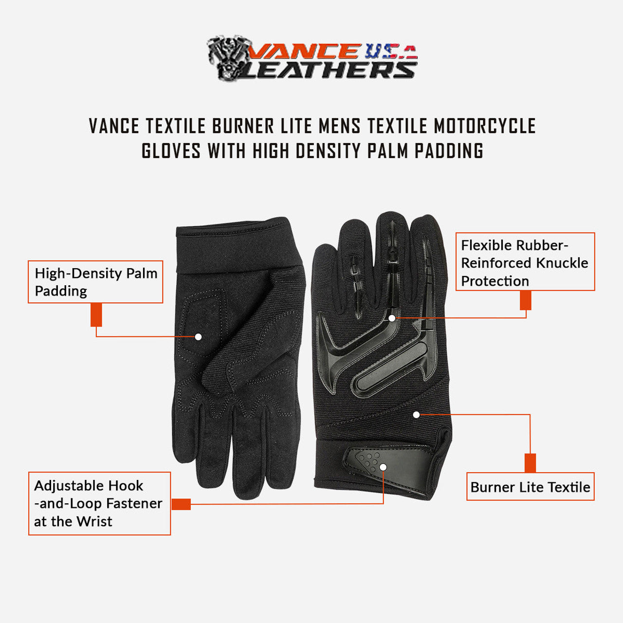 Vance Textile Burner Lite Mens Textile Motorcycle Gloves with High Density Palm Padding - Info