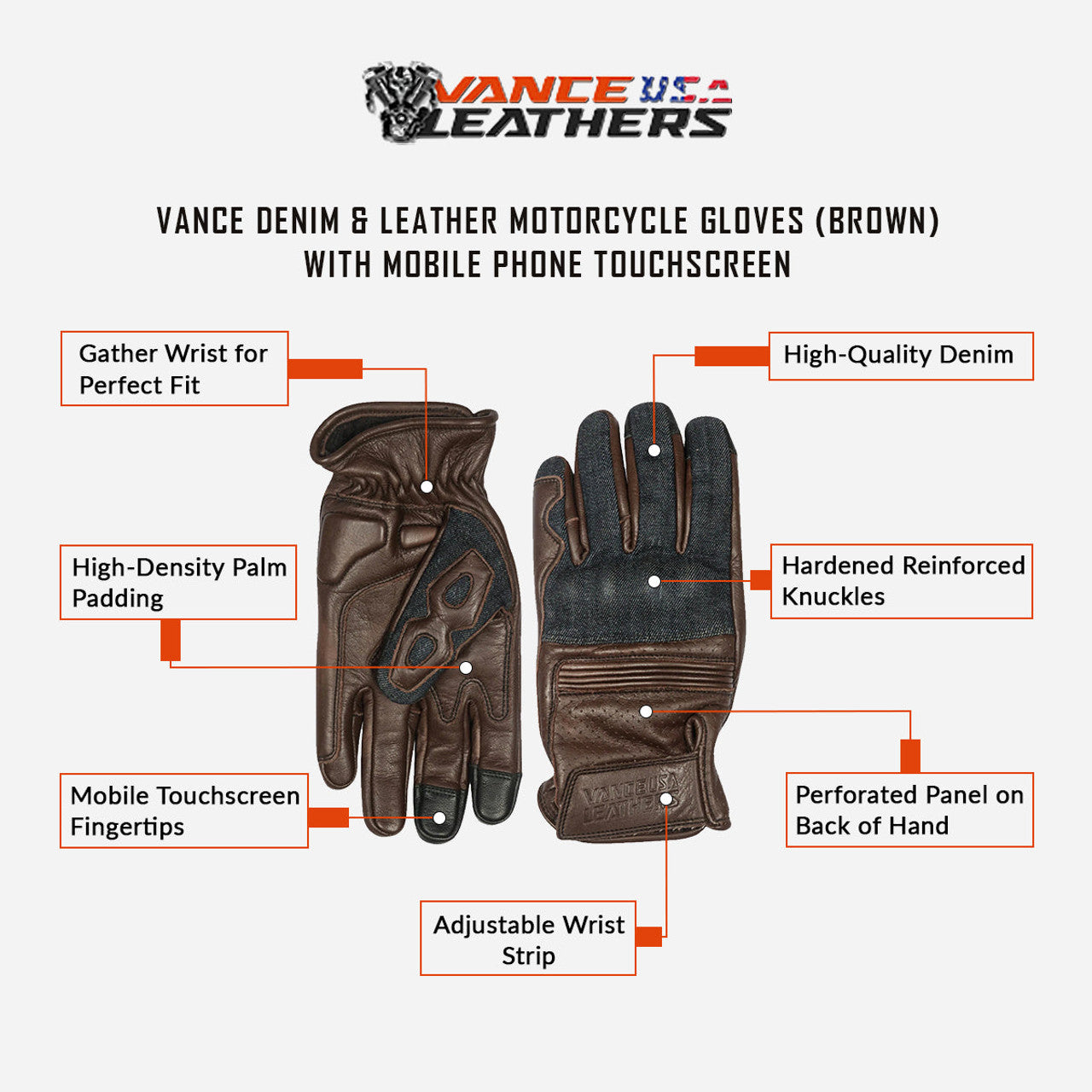 Vance Denim & Leather Motorcycle Gloves (Brown) with Mobile Phone Touchscreen - Info