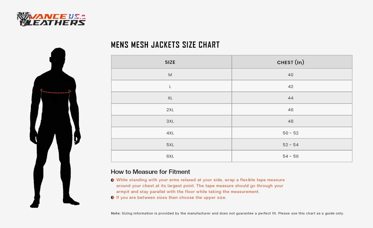 Advanced Vance 3-Season Mesh/Textile CE Armor Motorcycle Jacket - size chart