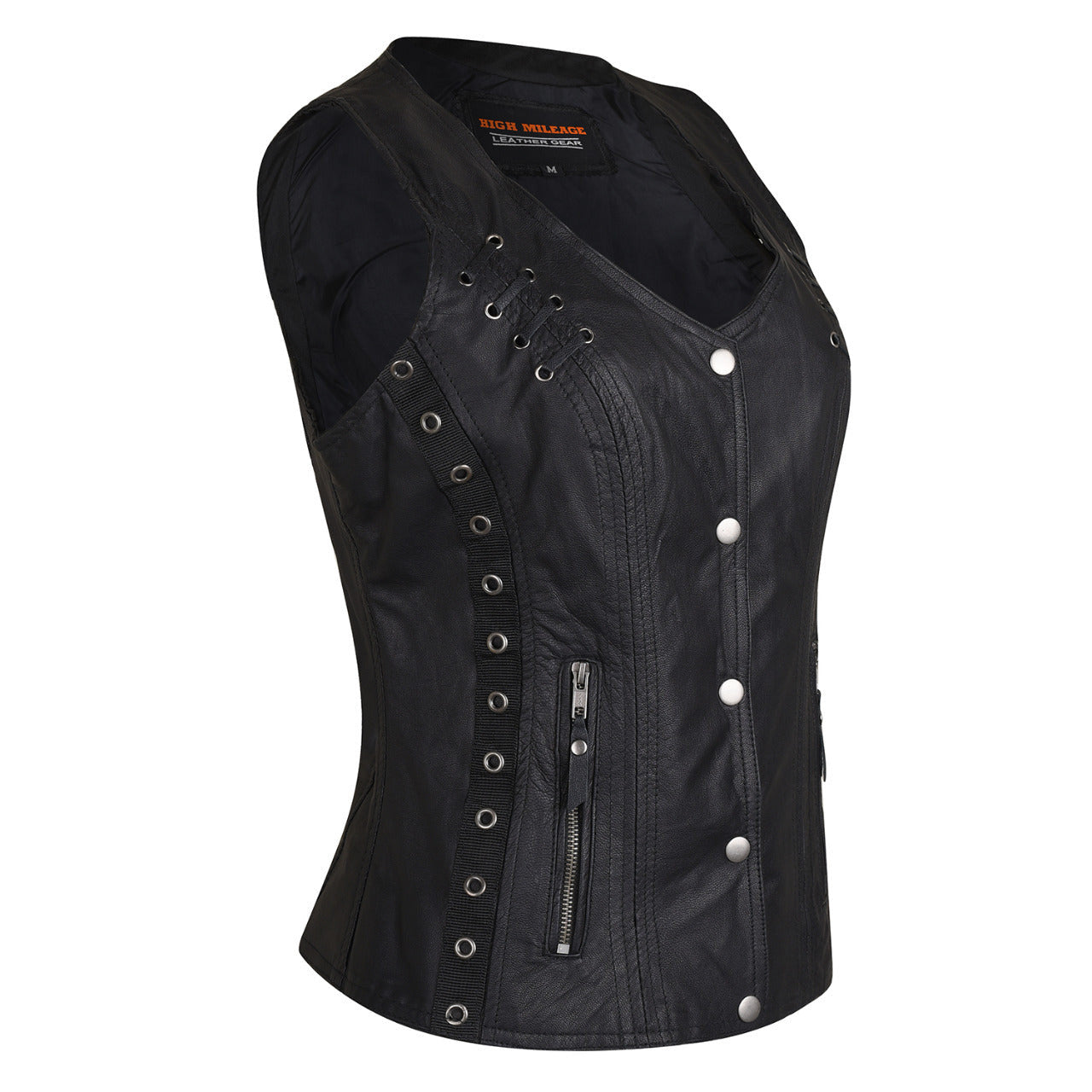 High Mileage HML1038B Womens Black Premium Soft Goatskin Leather Vest With Twill Lace and Grommet Highlights-side view