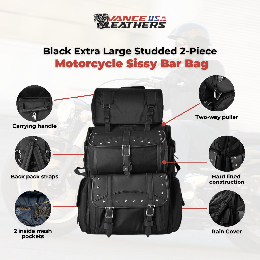 Vance VS34 Black Plain and Studded Large Heavy Duty Deluxe Motorcycle Luggage Travel Sissy Bar Bag