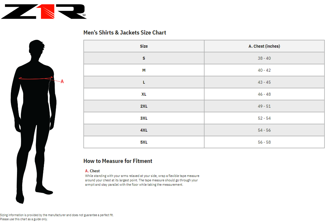 Z1R Men's Jayrod Motorcycle Jacket - Size chart