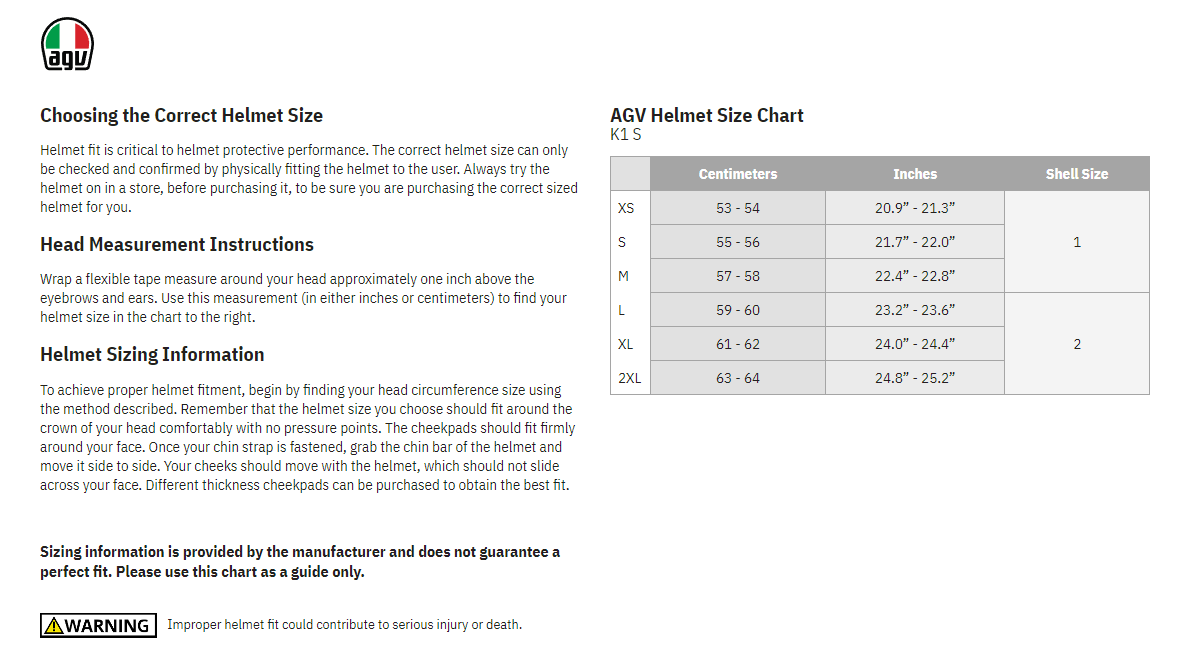 AGV K1 S Grazie Vale Full Face Motorcycle Helmet - description - size chart