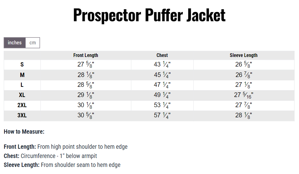 Fasthouse Men's Prospector Puffer Jacket - Size chart