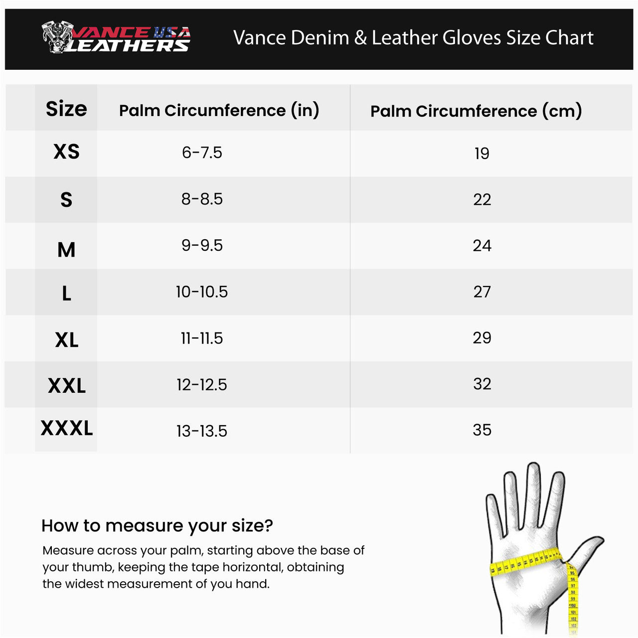 Vance VL480Br Denim and Leather Motorcycle Gloves - Size chart