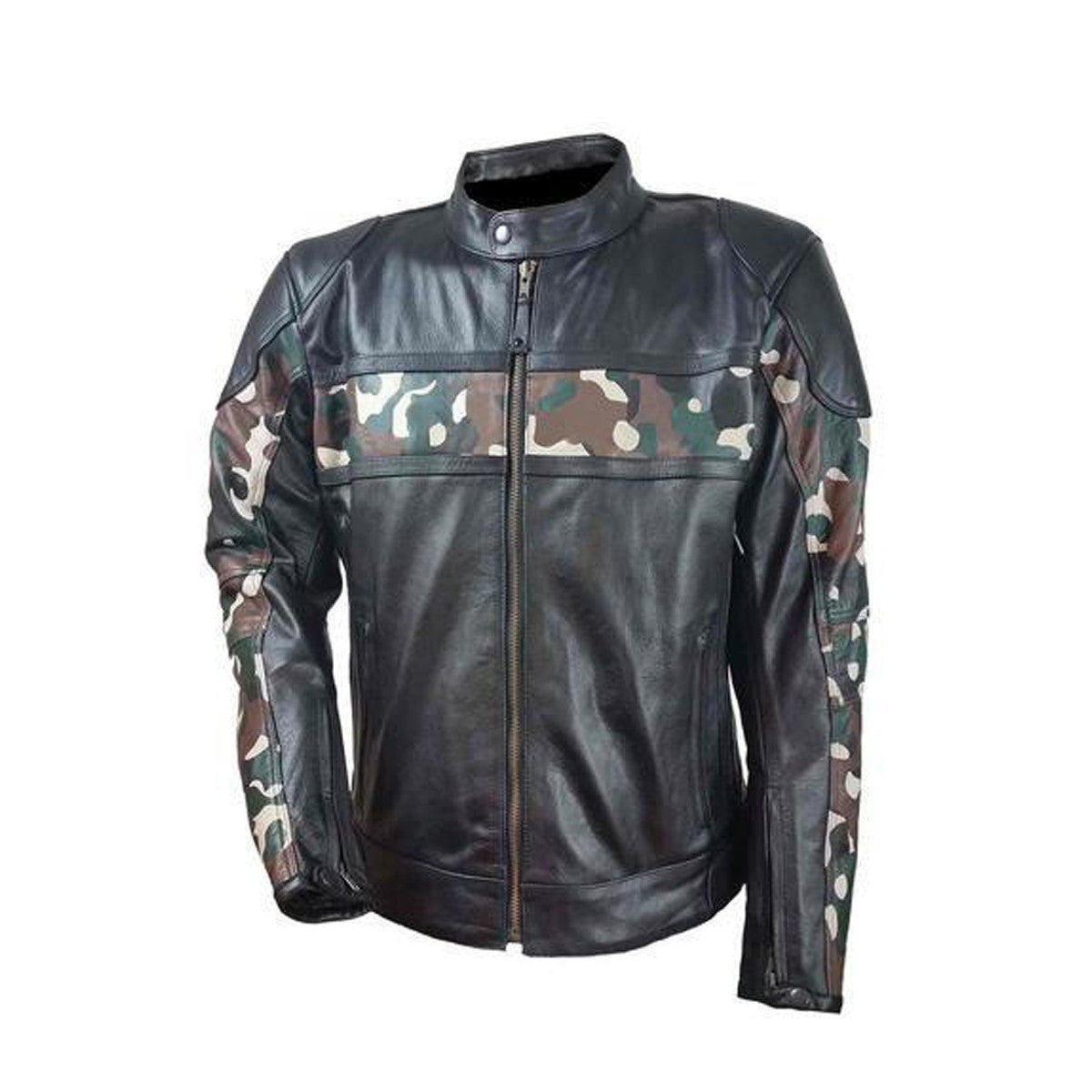 H/M Leather Scooter Jacket with Camouflage Chest and Sleeve Stripes