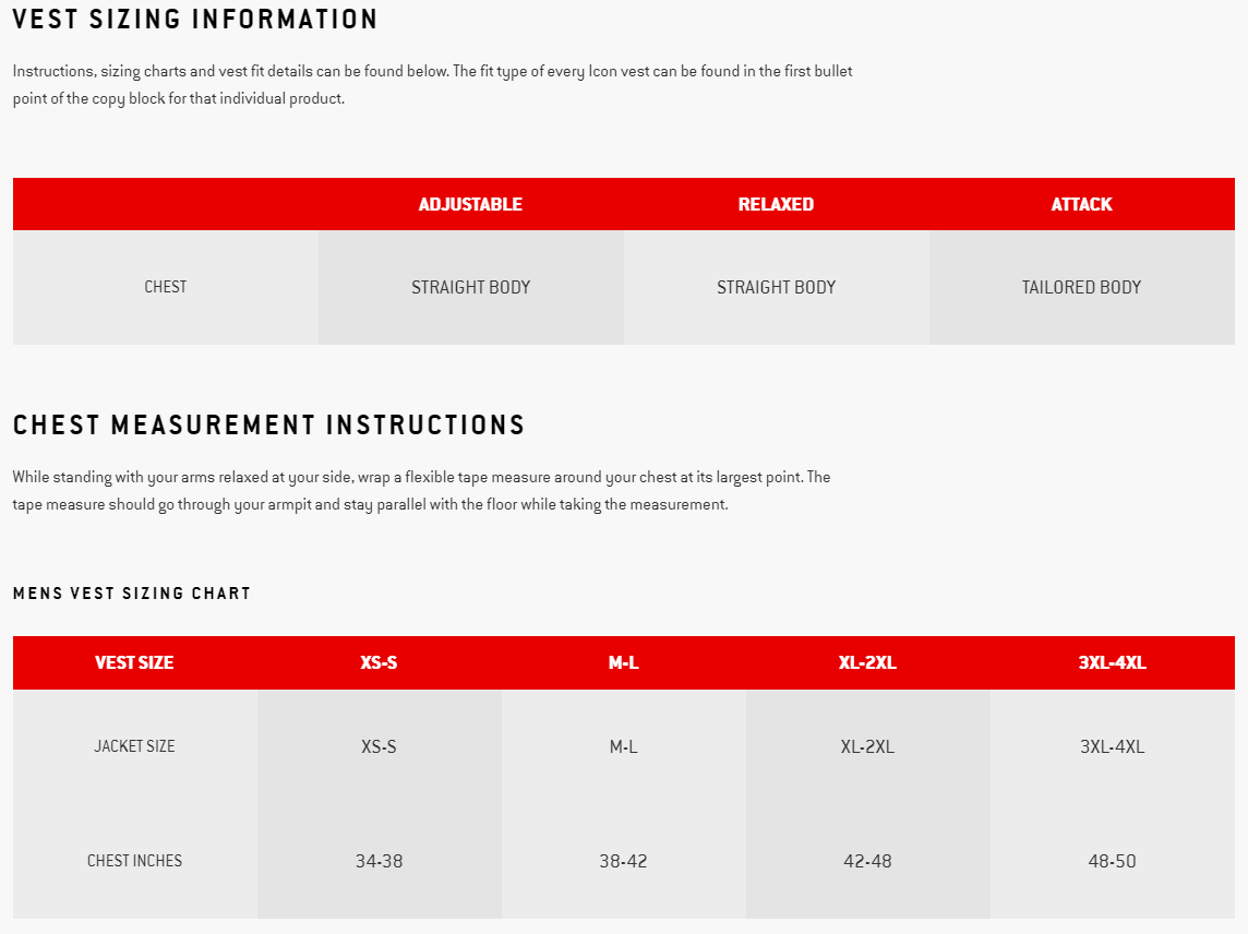 icon field armor softcore vest - size chart