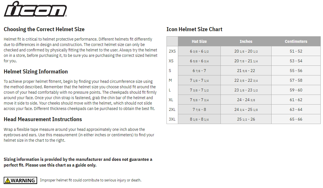 Icon Airframe Pro Re-Entry Full Face Motorcycle Helmet - size chart