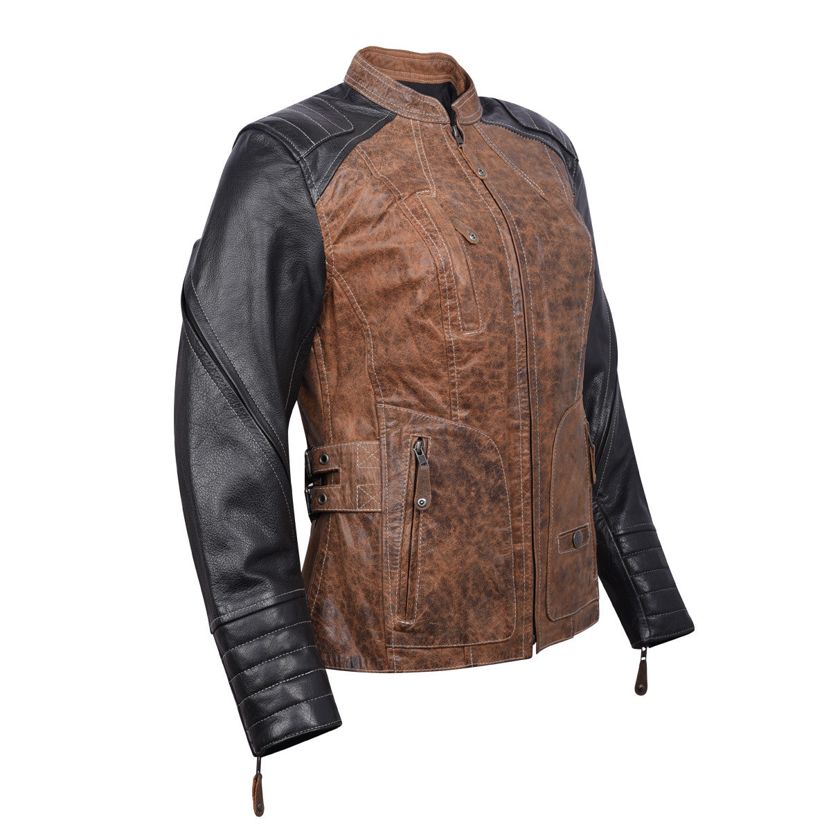 High Mileage HML639 Womens Black and Brown Vintage Style Lady Biker Concealed Carry Motorcycle Riding Jacket - Side View