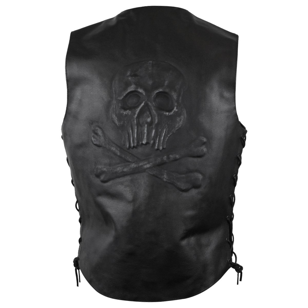 Jafrum MV113 Mens Black Embossed Skull and Bones Motorcycle Leather Vest - Back View