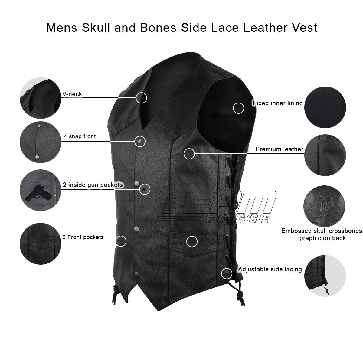 Jafrum MV113 Mens Black Embossed Skull and Bones Motorcycle Leather Vest - Infographics