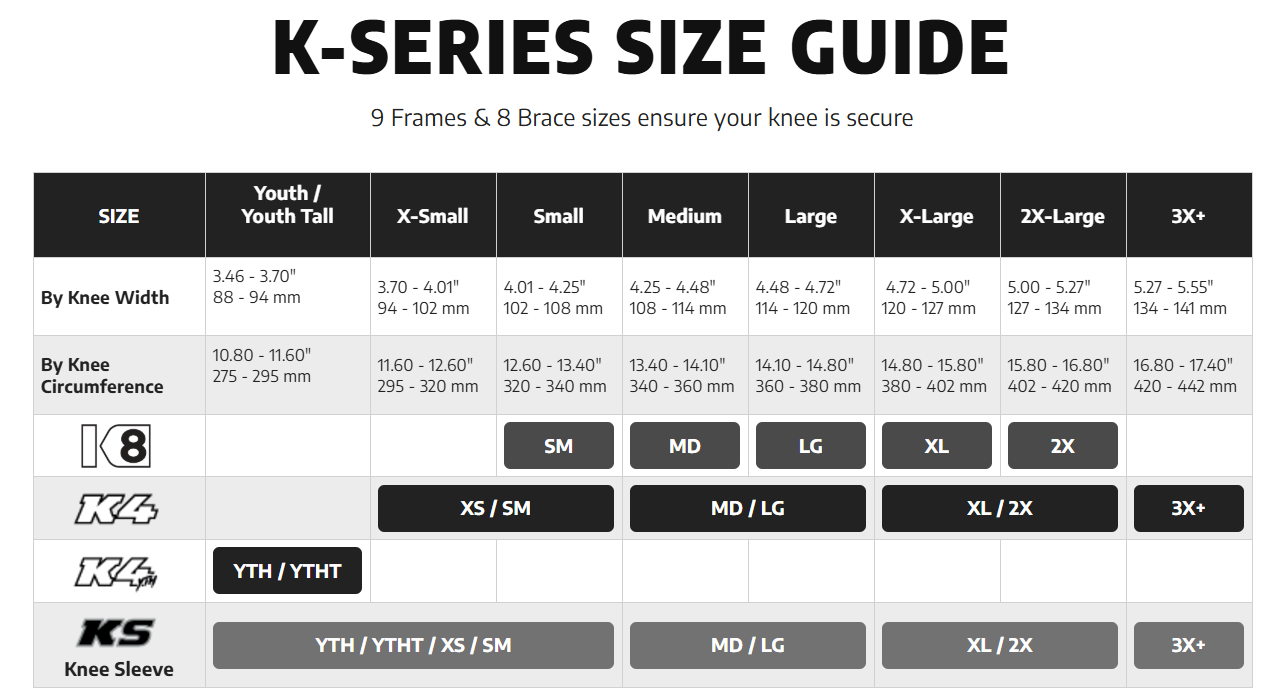 pod-k8-3-0-carbon-graphite-knee-brace-size-chart