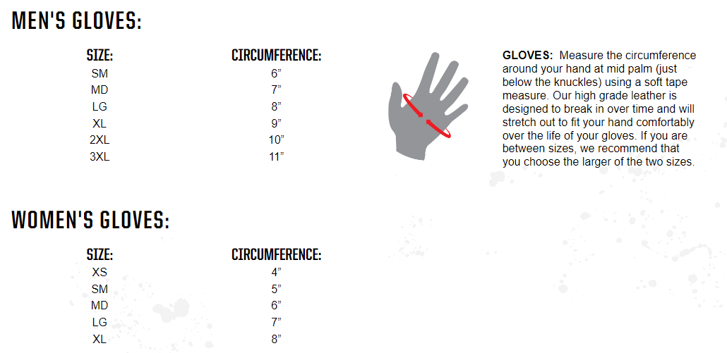 VORTEX AIR GLOVE - size chart