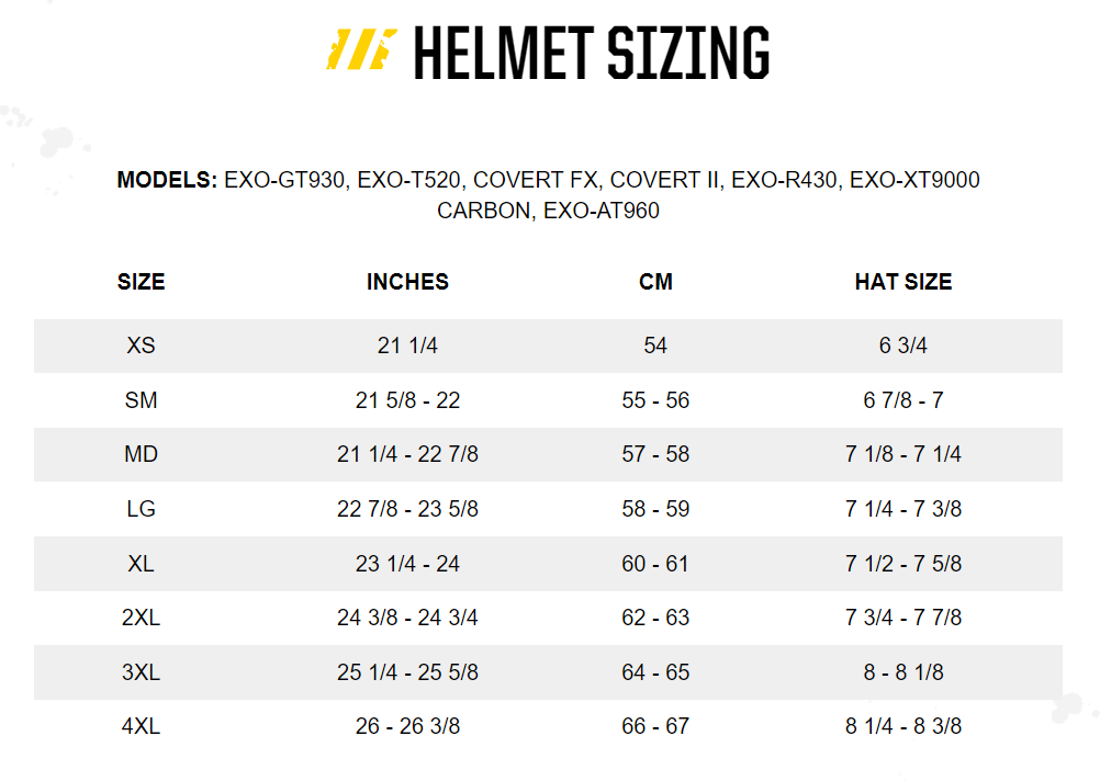 Scorpion EXO-GT930 EXO-COM Transformer Helmet - Size chart