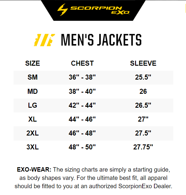 Scorpion Yosemite Jacket - size chart