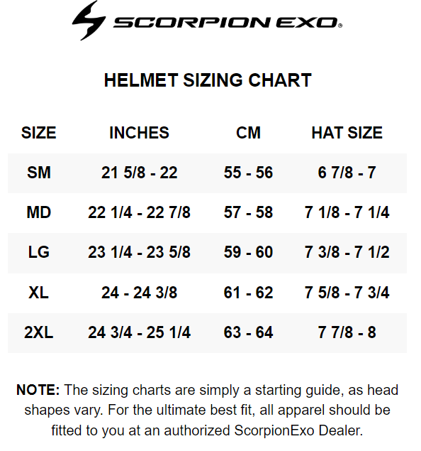 Scorpion Exo Ryzer Switch Full Face Motorcycle Helmet - size chart