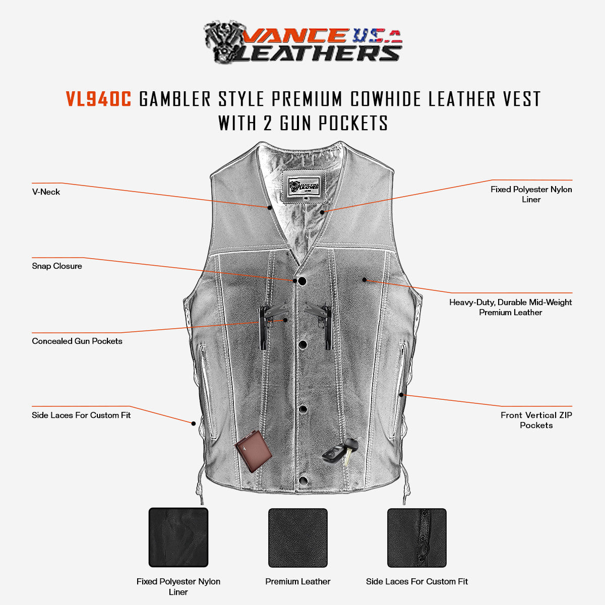 Vance VL940C Men's Jean Style Gambler Black Premium Cowhide Leather Biker Motorcycle Vest - Infographics