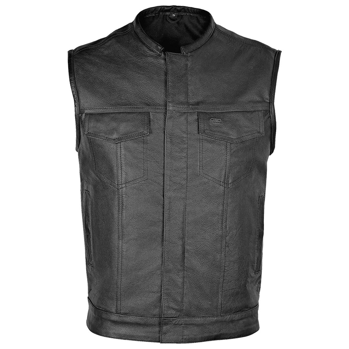 Vance VL913 Mens Black Premium Cowhide Leather SOA Club Style Biker Motorcycle Vest - Front View